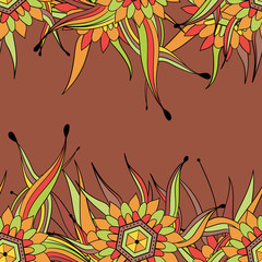 Fototapeta na wymiar Seamless pattern background with abstract leaves and flowers. Hand drawn illustration. Greeting card