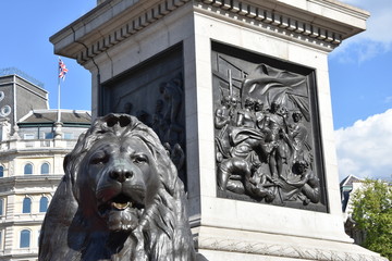 One of the four lion sculptures designed by the artist Sir Edwin Landseer emplaced at the foot of Nelson's Column in 1867 in Trafalgar Square, London, UK - obrazy, fototapety, plakaty