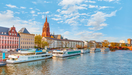 Frankfurter Dom Cathedral in Roemerberg Frankfurt am Main and Main river - Germany
