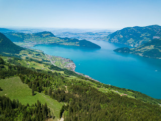 Naklejka na ściany i meble Panoramic aerial view of the lake Lucerne (Vierwaldstatersee), Rigi mountain and Swiss Alps in the background near famous Lucerne (Luzern) city, Switzerland - Immagine