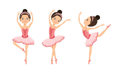 Ballerinas are dancing set. Cute girls kids dancers in pink tutu dress and pointe dance. Children's ballet school concept. Vector illustration in cartoon flat style. © Sunnydream