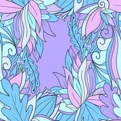 Seamless pattern background with abstract leaves and flowers. Hand drawn illustration