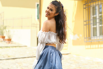 Beautiful fashion italian woman outdoor on the street of the old town