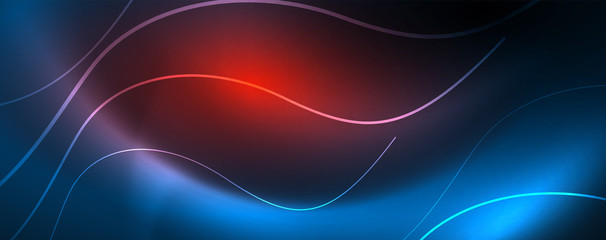 Trendy neon blue abstract design with waves and circles. Neon light glowing effect. Abstract digital background.