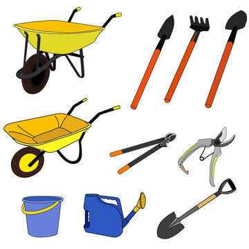 isolated, set of gardening tools, collection