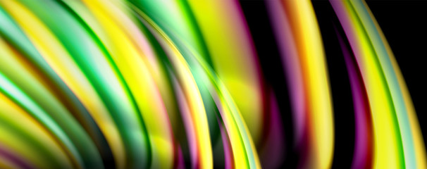 Fluid color rainbow style wave abstract background, techno modern design on black