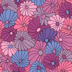 Seamless pattern background with different abstract flowers. Chamomile, aster