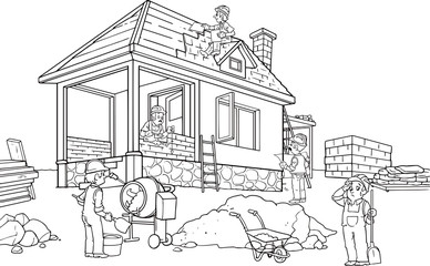 Construction concept with retro style concept workers and house.