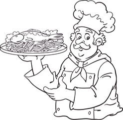 Cook holding fish and chips meal