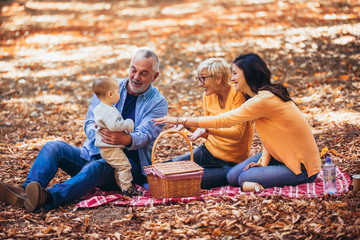 Multl generation family in autumn park having fun