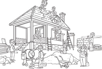 House construction, scene with workers, professional tools, building equipment