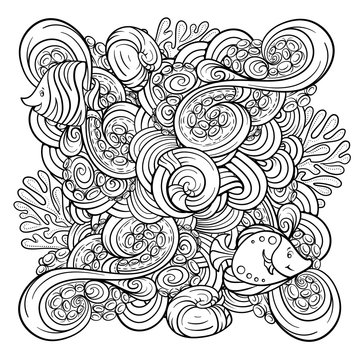 Vector sea creatures doodle background. Adult coloring page with undersea world. Black and white background with tropical fishes and octopus tentacles