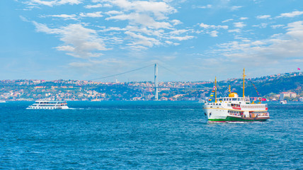 Fototapeta na wymiar Sea voyage with old ferry (steamboat) on the Bosporus - Istanbul, Turkey