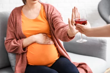 Fototapeten Pregnant woman rejecting alcohol at home © Pixel-Shot