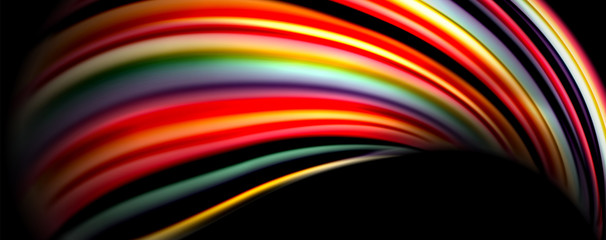 Fluid color rainbow style wave abstract background, techno modern design on black