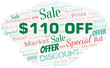 $110 Off word cloud. Wordcloud made with text only.
