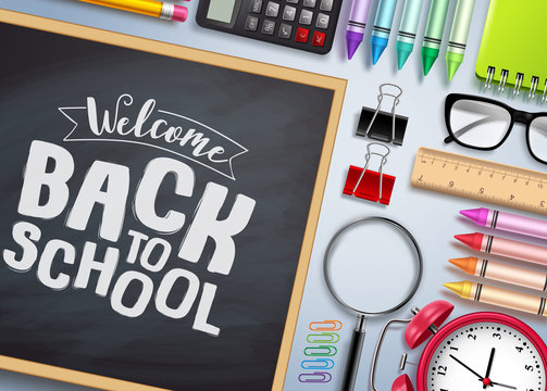 Back to school vector banner. Chalkboard with back to school text and colorful school supplies and elements in white background. Vector illustration.