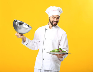 Handsome male chef with salad on color background