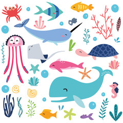 Sea fish seamless pattern, vector design for wrapping paper, textile, background fill design. Whale, turtle, fish, jelly fish, crab, sea star and much more..