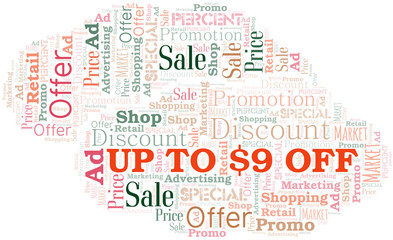 Obraz premium Up To $9 Off word cloud. Wordcloud made with text only.