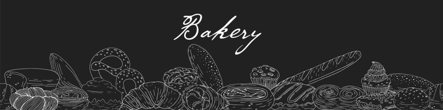 Bakery border with hand drawn elements on a chalkboard background