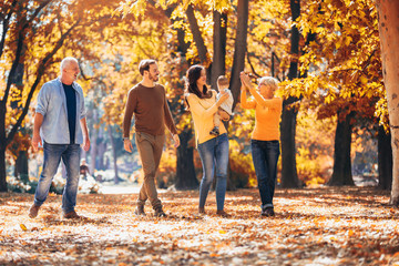 Multl generation family in autumn park having fun