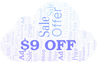 $9 Off word cloud. Wordcloud made with text only.