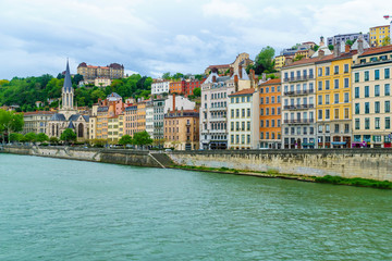 Obraz premium Saone river and old city, with Saint-Georges church, Lyon