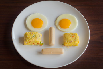 Food face on a plate. It consists of fried eggs, sausages and omelets.