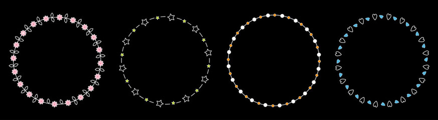 Round circle frame wreath icon set line. Daisy flower, star sparkle, leaf, dot decoration element. Flat design. Black background. Isolated.