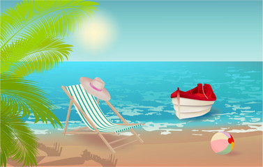 Fototapeta na wymiar red boat, beach, palm, beach chair, hat and ball