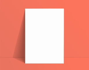 White poster mockup standing on the floor near Living coral color wall. Blank Canvas Mockup for design