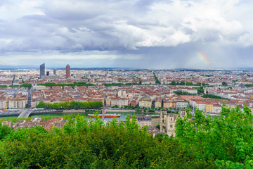 Saone River and the city center, with a rainbow, Lyon