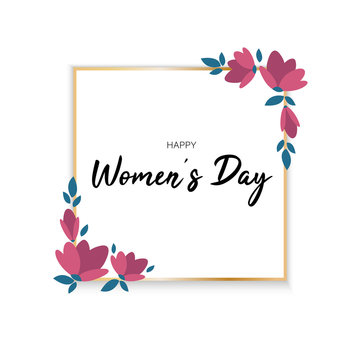 International Women's Day greeting card with gold frame banner with flowers vector illustration. 