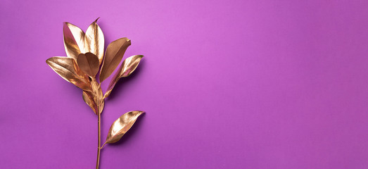 Floral minimal style concept. Exotic summer trend. Golden tropical leaves and branch on violet...