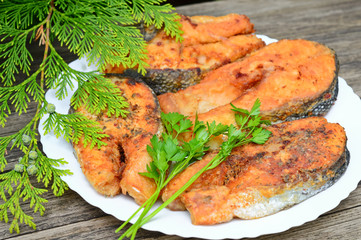 roasted delicious cooked salmon fish in a white plate