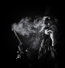 Cowboy with Cigar and Revolver in B&W