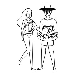 young couple with balloon toy and float