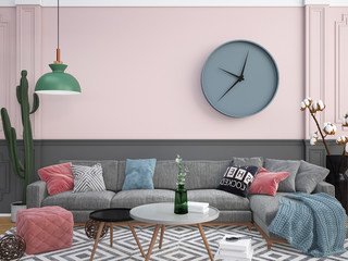 Interior of living room pastel wall wood floor with sofa 3d rendering