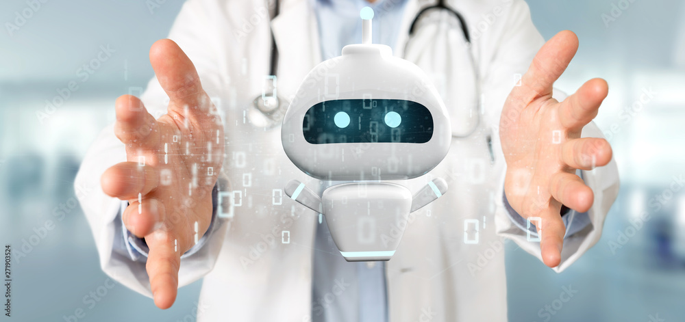 Poster doctor holding chatbot with binary code 3d rendering