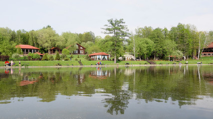 Beautiful view of the fishing pond with gazebos