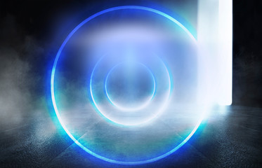 Dark empty scene, blue neon searchlight light, wet asphalt, smoke, night view, rays. Empty black studio room. Dark background. Abstract dark empty studio room texture.  Product showcase spotlight back