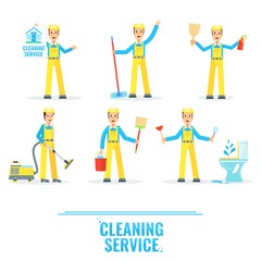 Fototapeta na wymiar Cleaning service man vector flat cartoon character.