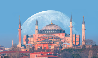 Hagia Sophia Museum with full blue moon 