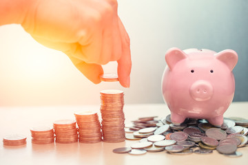 Saving Money, Piggy Bank with stack of coin