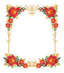 Decorative corner vignette. Golden curl, glittering leaves, flower rinds, red roses. Isolated on white background.