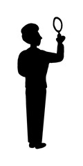Black silhouette isolated young man detective seeker finder with magnifying glass in white background. Seach answer, riddles, arcana, solutions. Monochrome.