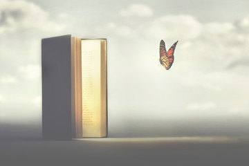 surreal moment of a butterfly entering the pages of a book