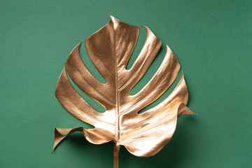 Exotic summer trend in minimal style. Golden tropical palm monstera leaf on pastel green color background. Shiny and sparkle design, fashion concept. © jchizhe