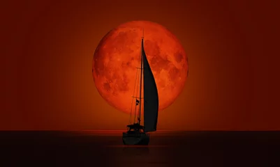 Poster Grote bloedige (rode) volle maan met eenzaam jacht - Maansverduistering &quot Elementen van deze afbeelding geleverd door NASA&quot  © muratart